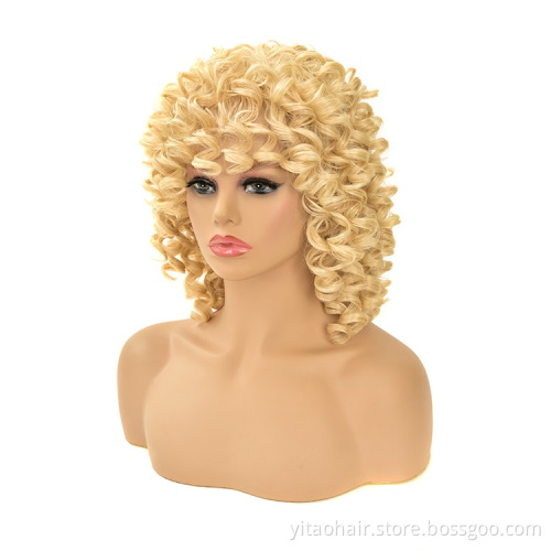 Fluffy Kinky Curly Synthetic Hair Glueless Wig  Afro Wave Curls Wigs for Black Women Blonde Loose Curled Short Bob Hair Bangs